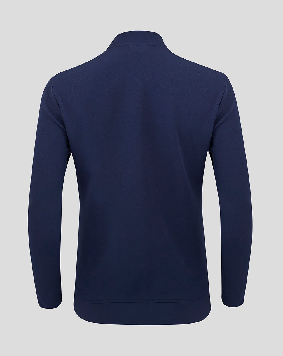 Back view of navy track jacket showing plain back and curved hem
