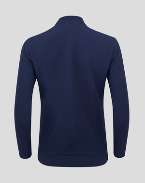 Back view of navy track jacket showing plain back and curved hem