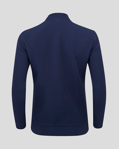 Back view of navy track jacket showing plain back and curved hem