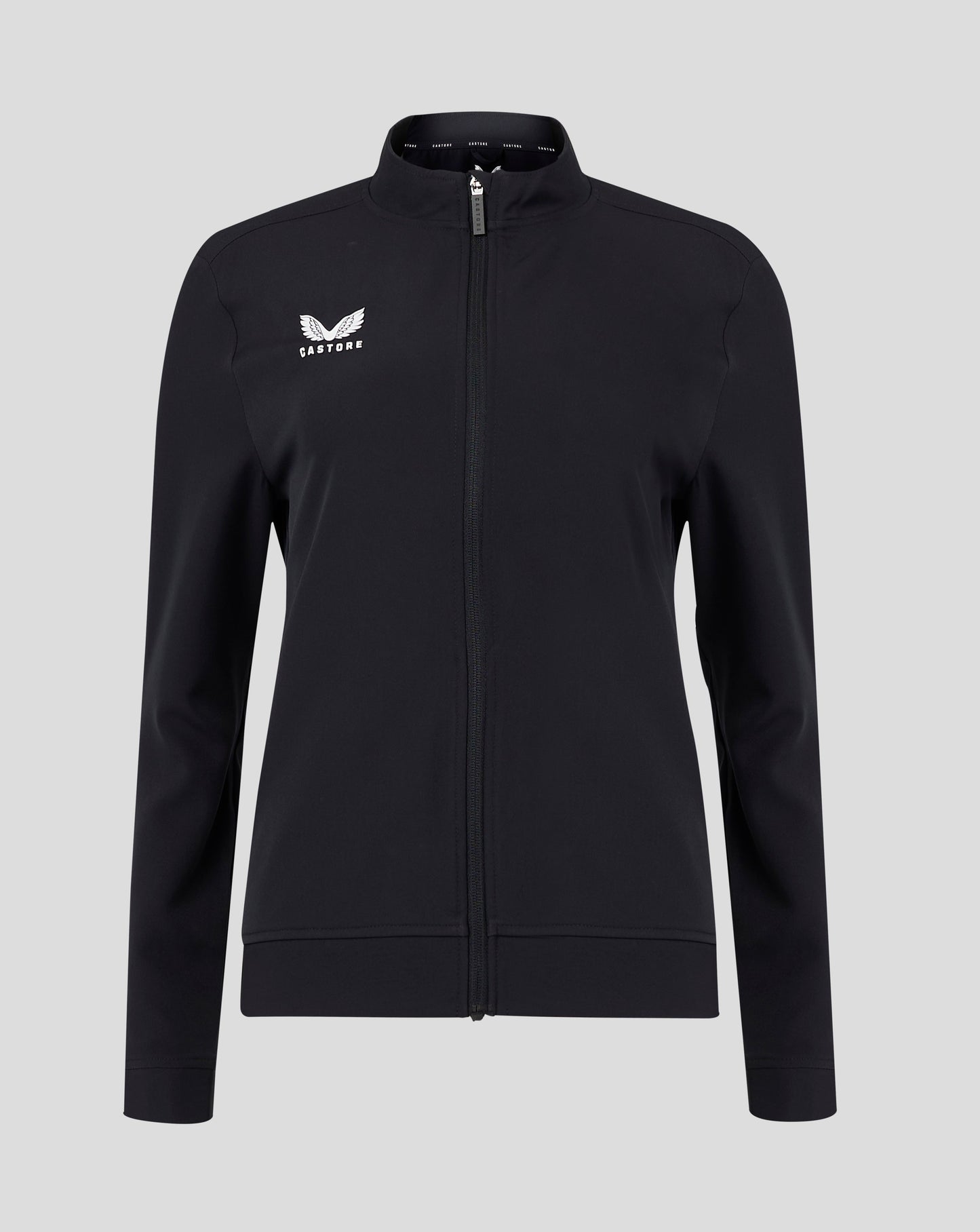 Front view of black track jacket with full zipper and white Castore wing logo on chest