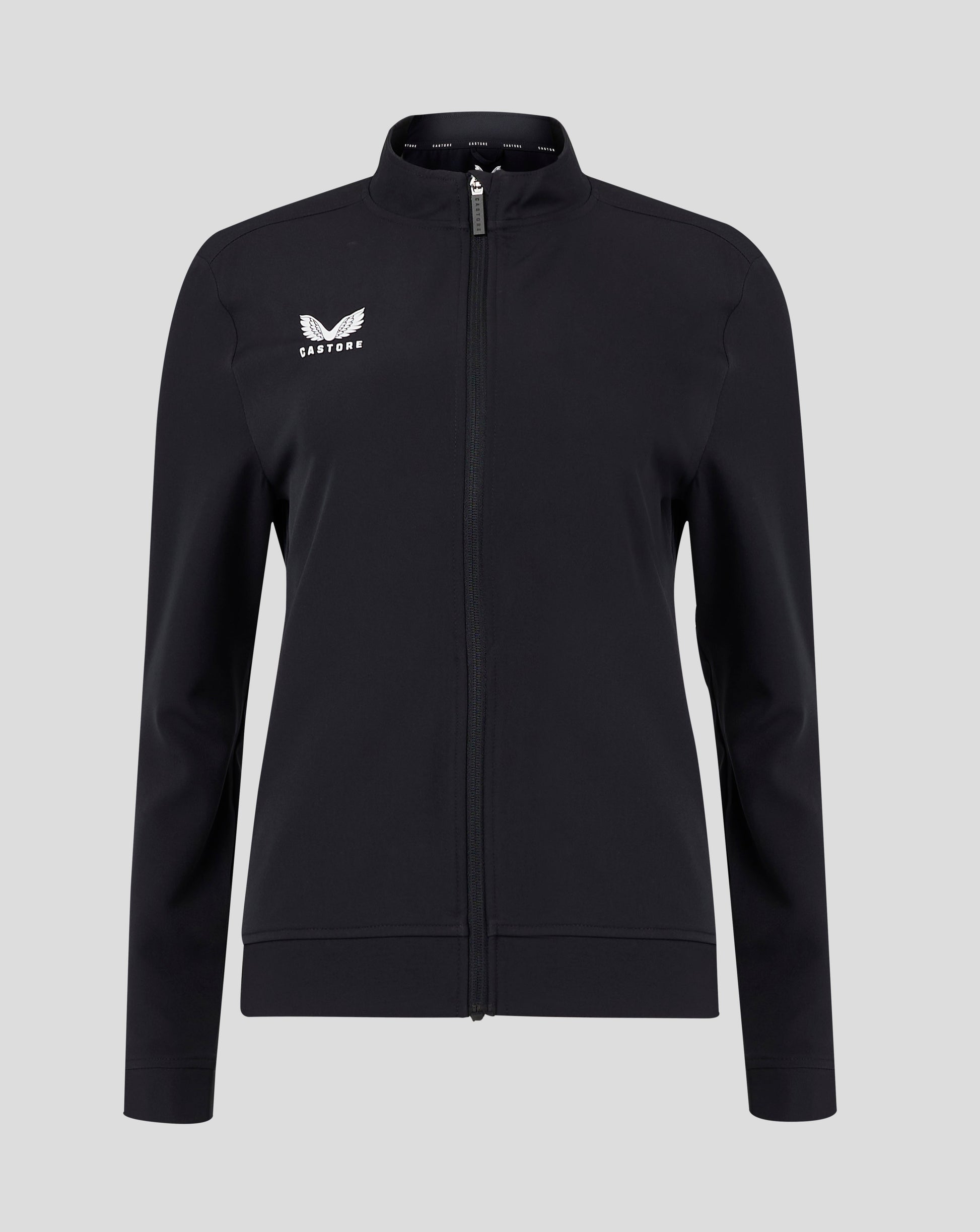 Front view of black track jacket with full zipper and white Castore wing logo on chest