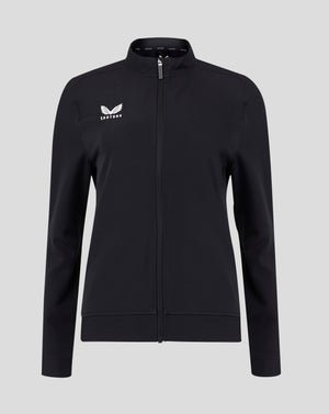 Front view of black track jacket with full zipper and white Castore wing logo on chest
