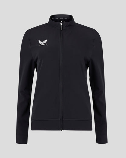 Front view of black track jacket with full zipper and white Castore wing logo on chest