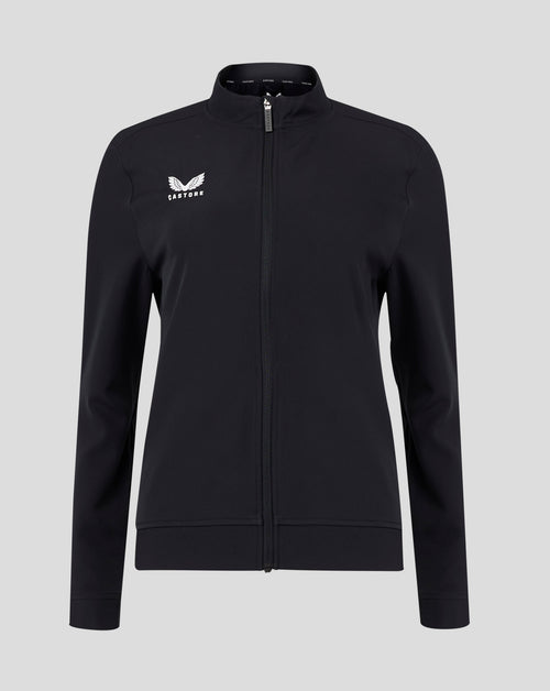 Front view of black track jacket with full zipper and white Castore wing logo on chest