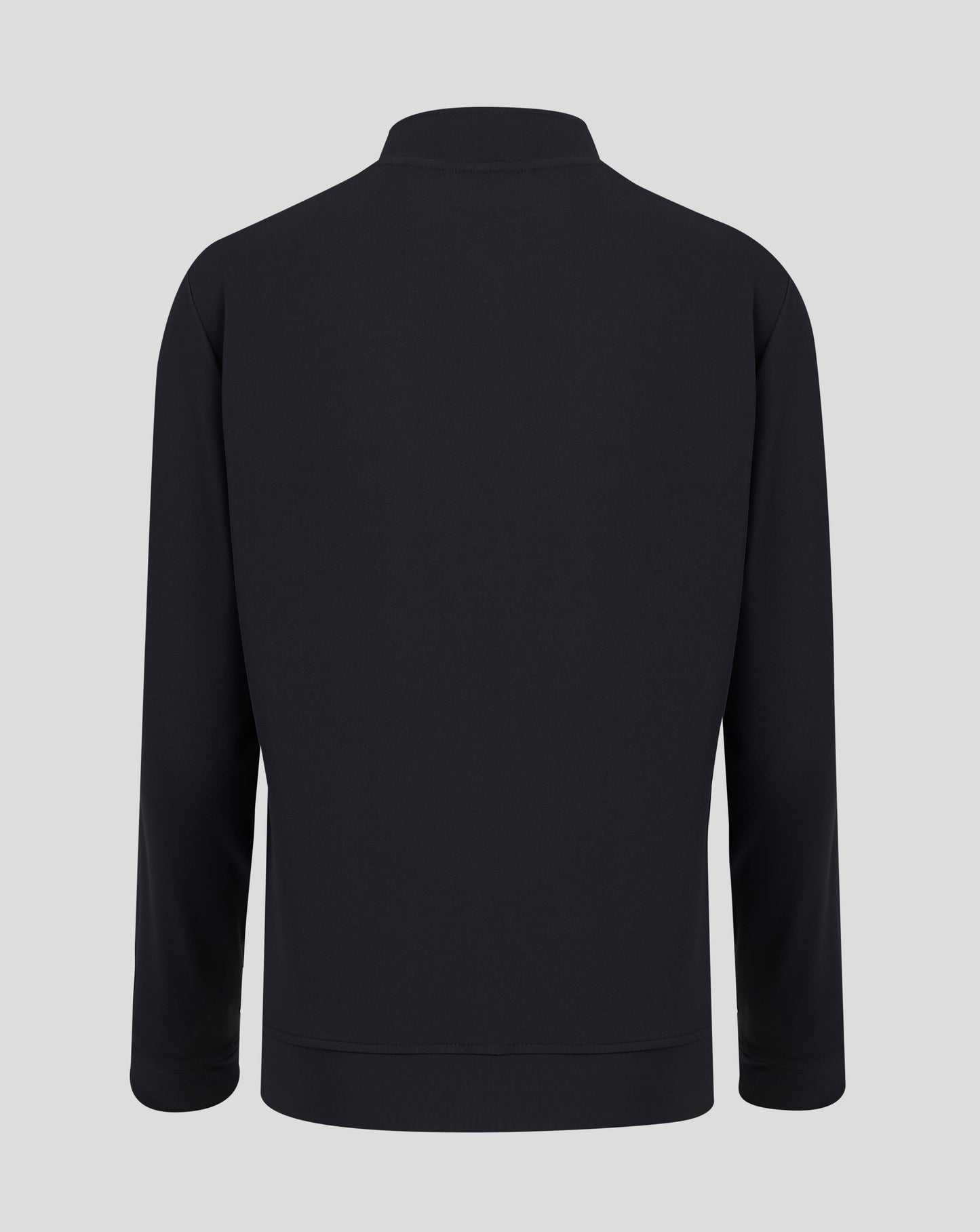 Back view of black track jacket featuring clean silhouette and standing collar