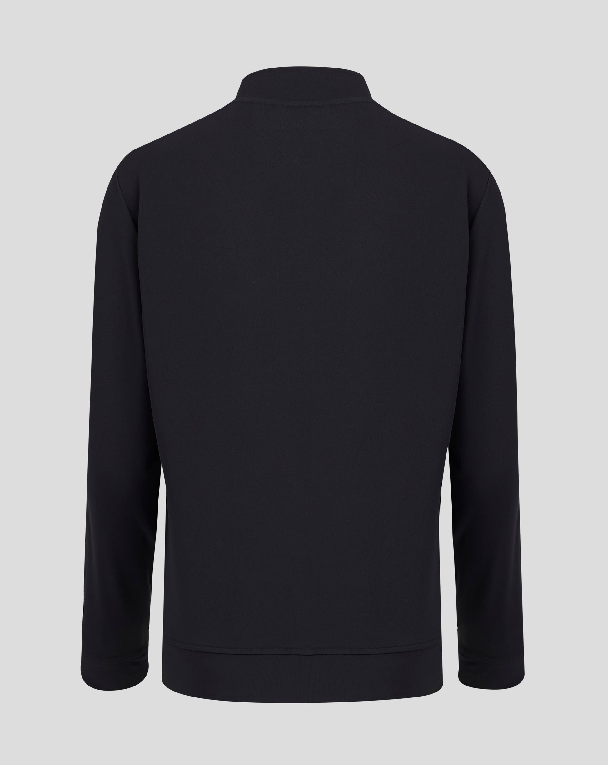 Back view of black track jacket featuring clean silhouette and standing collar