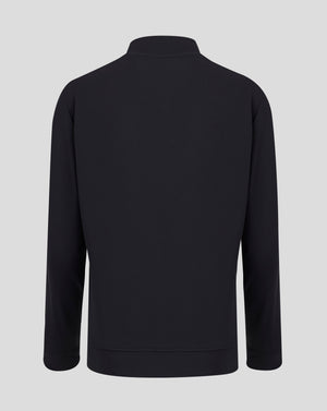 Back view of black track jacket featuring clean silhouette and standing collar