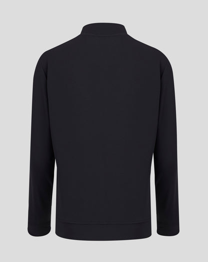 Back view of black track jacket featuring clean silhouette and standing collar