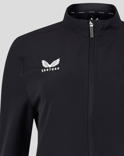 Collar interior of black jacket with CASTORE branded tape and a white wing Castore logo on the chest