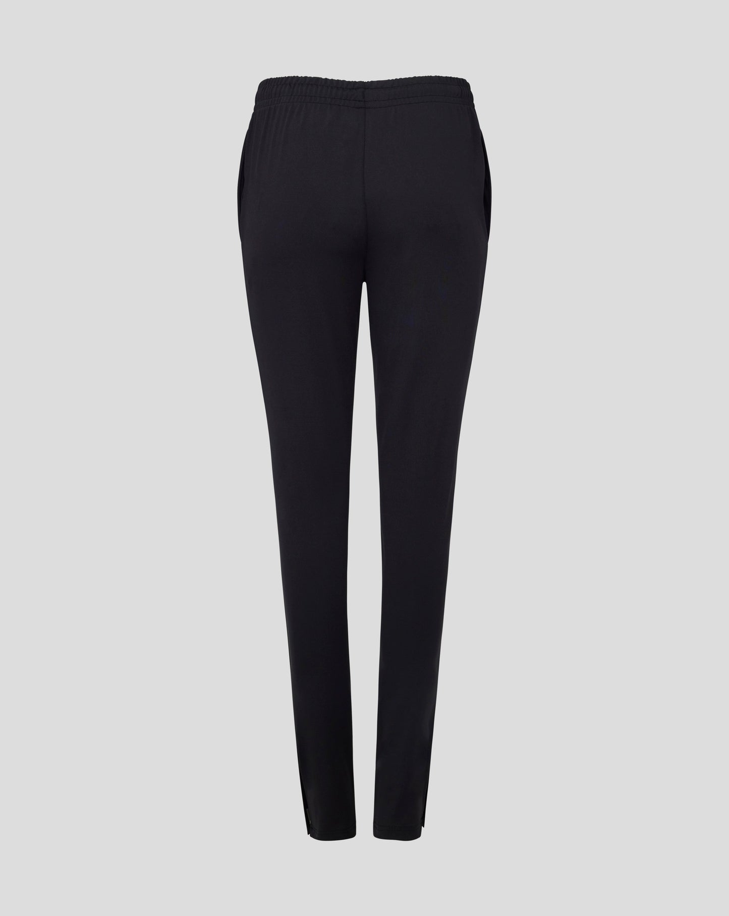 Back view of black Slim Fit Pant featuring an elastic waistband and smooth silhouette