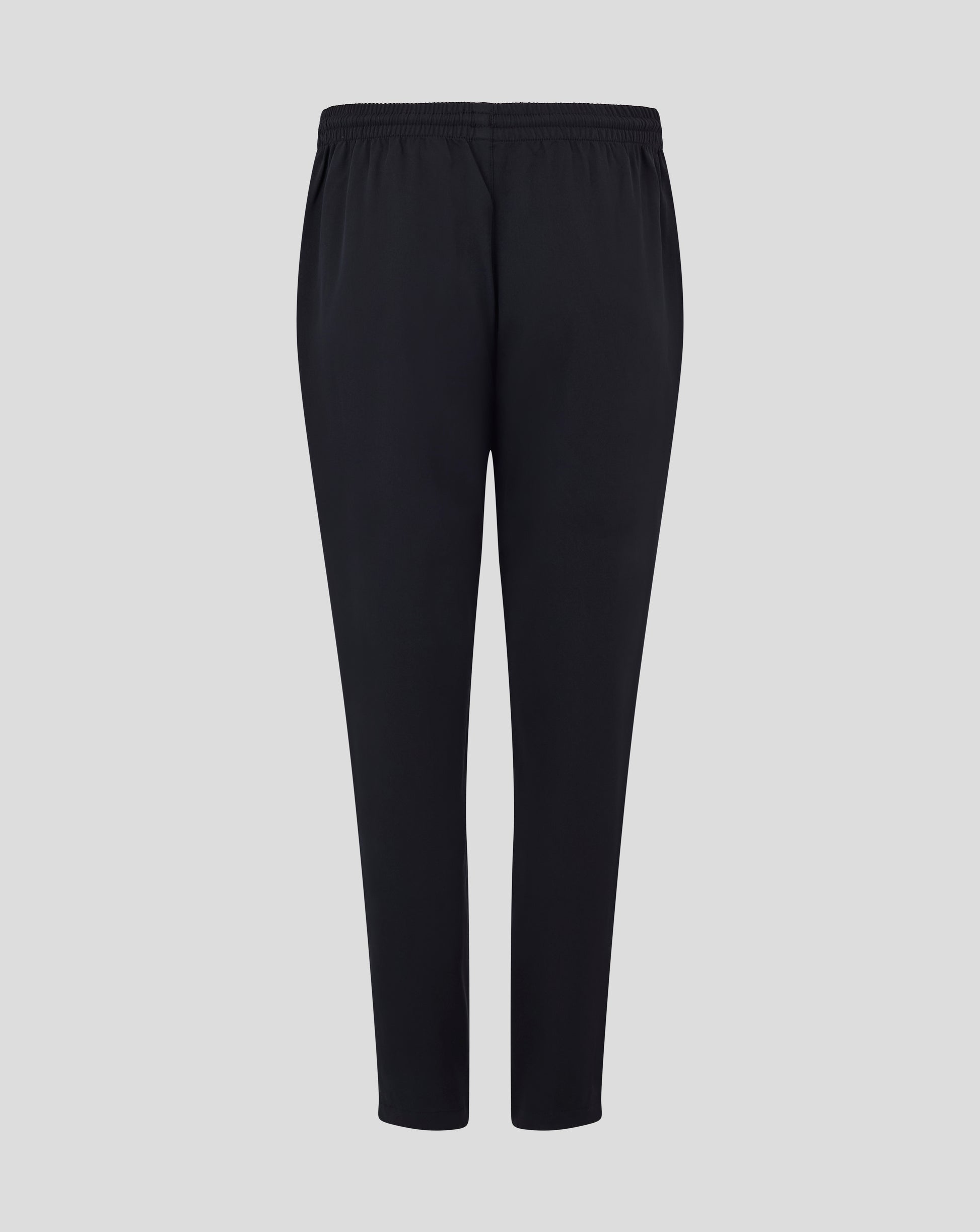 Back view of black track pants with elastic waistband
