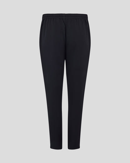 Back view of black track pants with elastic waistband