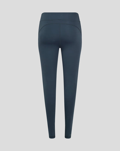 Back view of dark slate leggings with a wide waistband and smooth fabric.