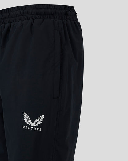 Close-up of black Womens Rugby Contact Pant showing elastic waistband and Castore logo on the leg