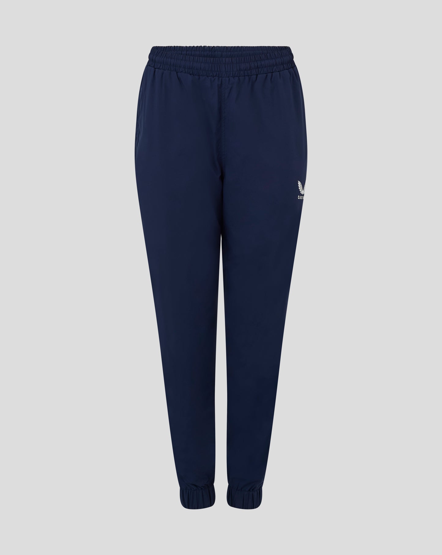 Close-up of navy pant waist showing elastic waistband and internal drawcord