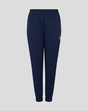 Close-up of navy pant waist showing elastic waistband and internal drawcord