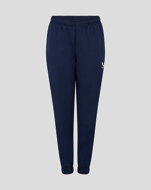 Front view of navy Womens Rugby Contact Pant with elastic waistband and cuffs, internal drawcord, water repellent fabric and Castore logo on the thigh