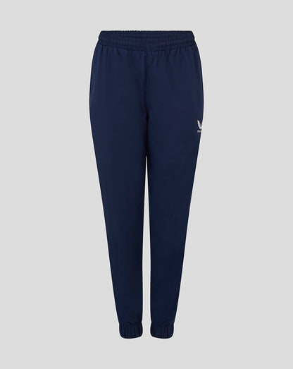 Front view of navy Womens Rugby Contact Pant with elastic waistband and cuffs, internal drawcord, water repellent fabric and Castore logo on the thigh