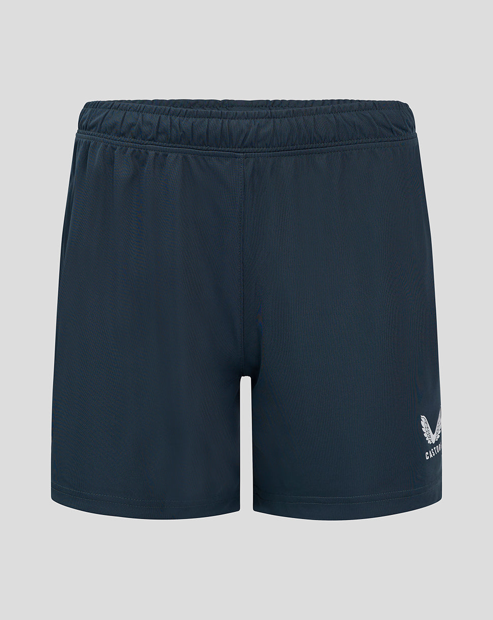 Front view of dark slate shorts with an elastic waistband and a small logo at the lower right