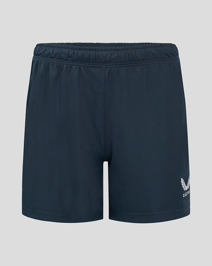 Front view of dark slate shorts with an elastic waistband and a small logo at the lower right
