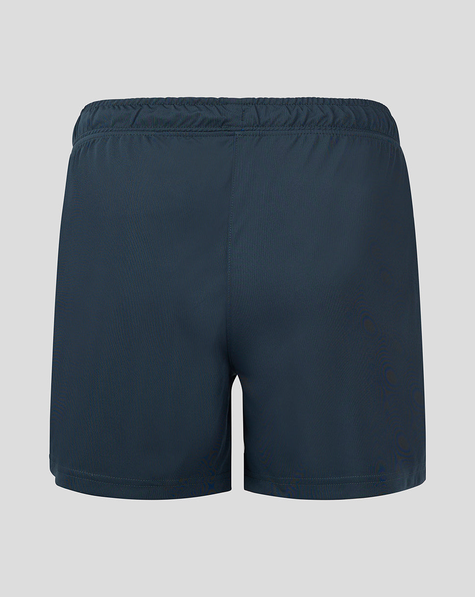 Back view of dark slate shorts showing smooth rear panel and elastic waistband