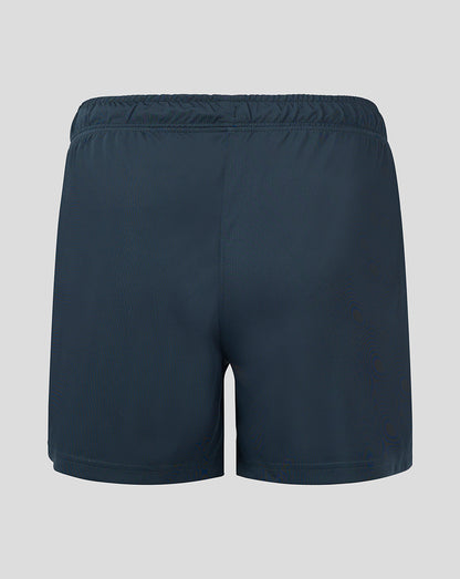 Back view of dark slate shorts showing smooth rear panel and elastic waistband