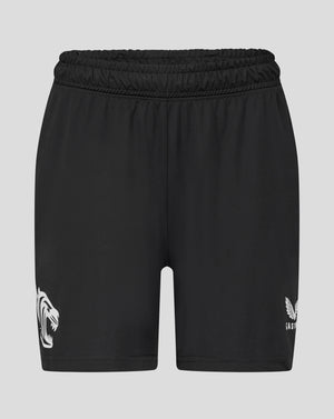 Back view of black Leicester Tigers training shorts with elastic waistband