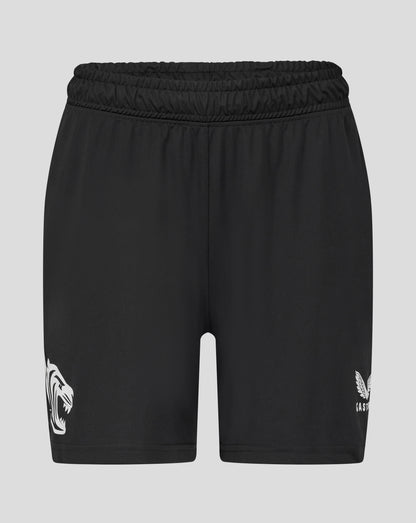 Back view of black Leicester Tigers training shorts with elastic waistband