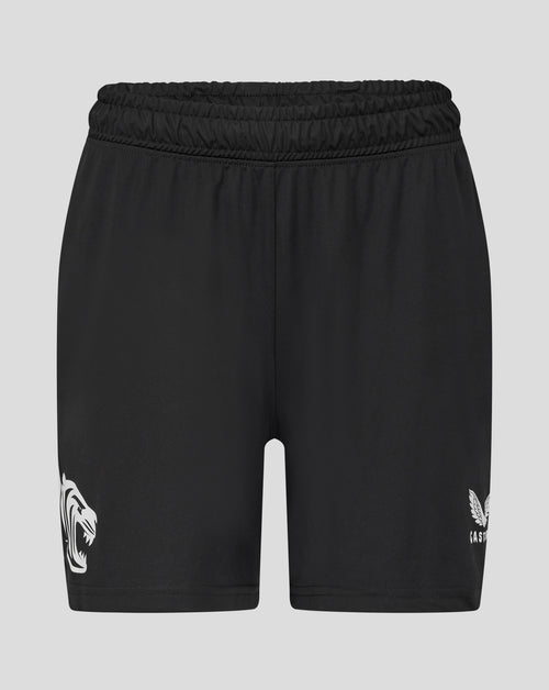 Back view of black Leicester Tigers training shorts with elastic waistband