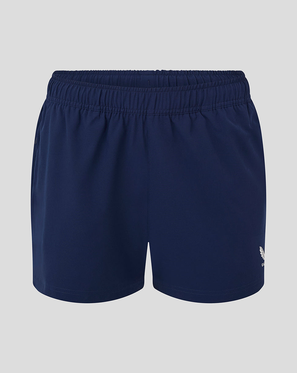 Front view of navy Peacoat Woven Training Short with elastic waistband and Castore logo