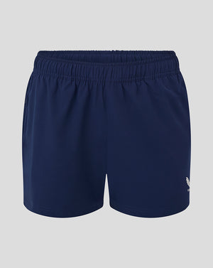 Front view of navy Peacoat Woven Training Short with elastic waistband and Castore logo