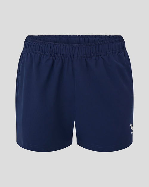 Front view of navy Peacoat Woven Training Short with elastic waistband and Castore logo