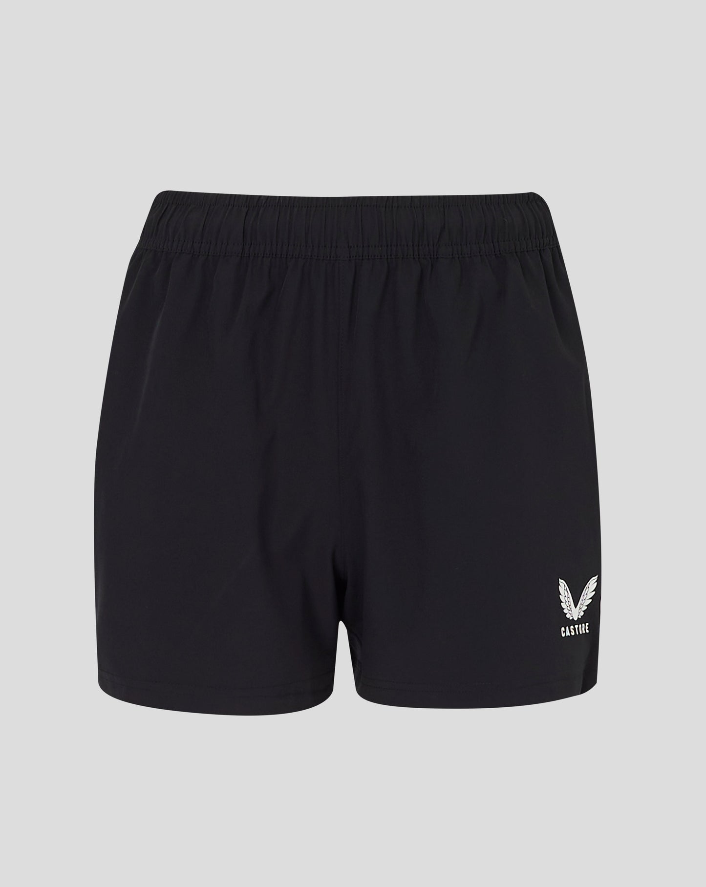 Close-up of black woven training shorts waistband with drawcord and Castore logo at lower right