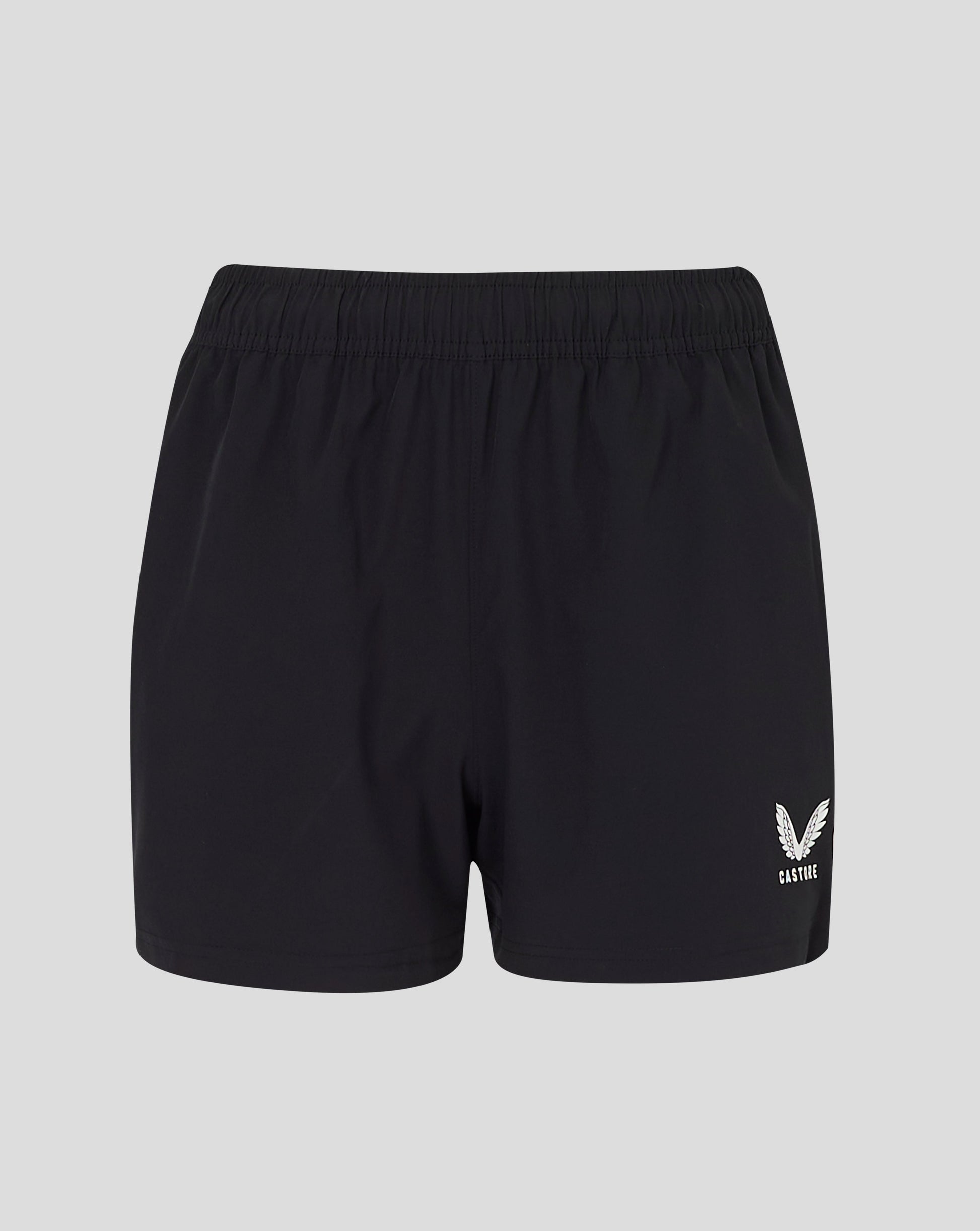 Close-up of black woven training shorts waistband with drawcord and Castore logo at lower right