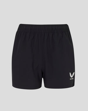 Close-up of black woven training shorts waistband with drawcord and Castore logo at lower right