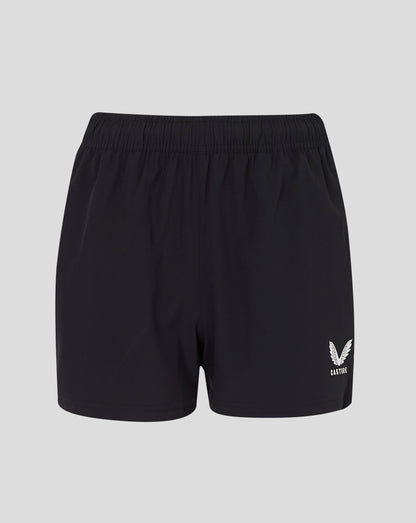 Close-up of black woven training shorts waistband with drawcord and Castore logo at lower right