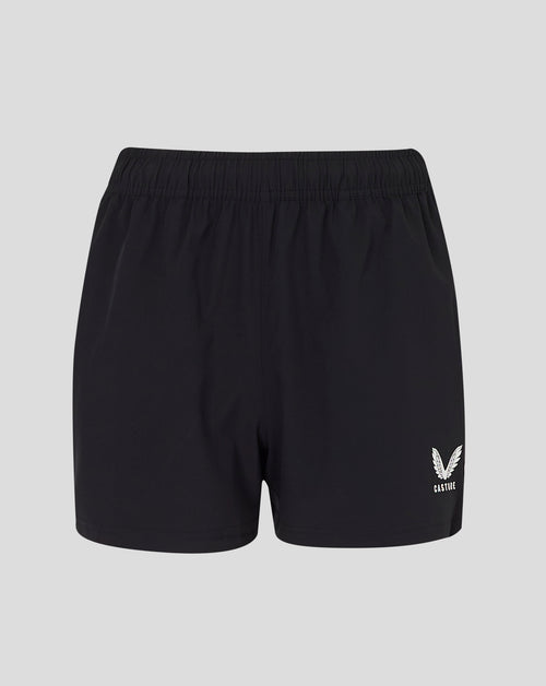 Close-up of black woven training shorts waistband with drawcord and Castore logo at lower right