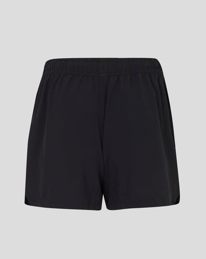 Front view of black woven training shorts with Castore logo at lower left leg