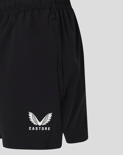 Back view of black woven training shorts showing elastic waistband and pocket seam