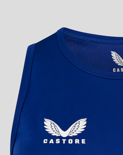 Blue women's training vest close up at the neckline with a heat sealed Castore logo