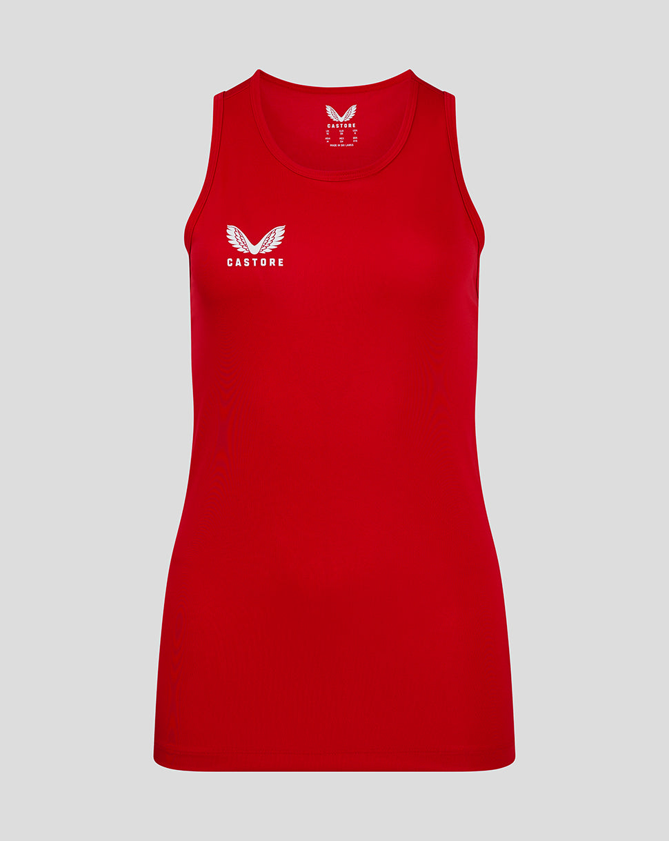 Front view of red womens training vest with crew neck and white Castore logo on the chest