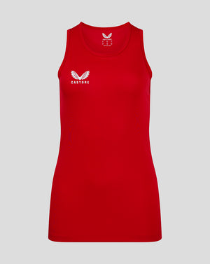 Front view of red womens training vest with crew neck and white Castore logo on the chest