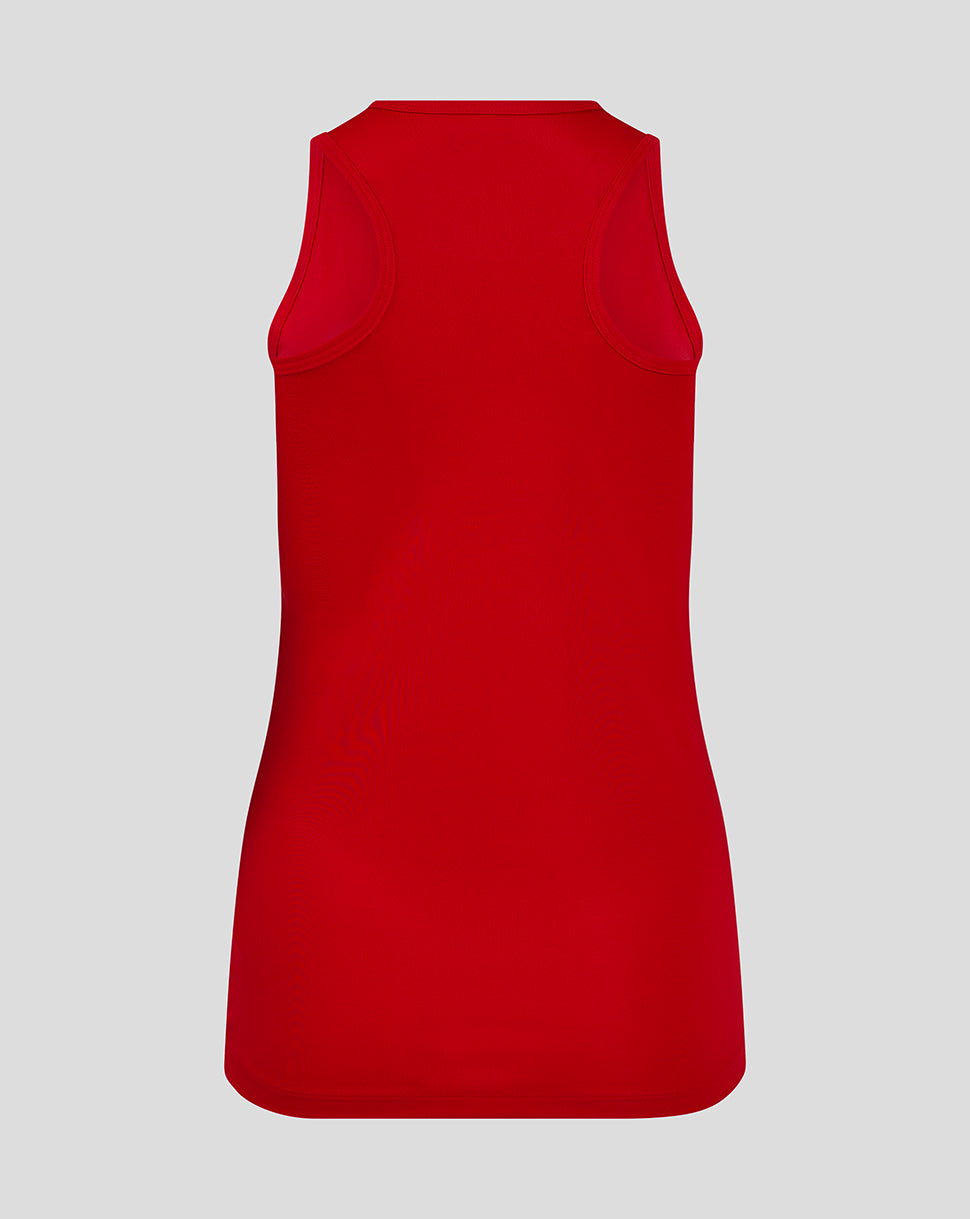Back view of red womens training vest with racer back design
