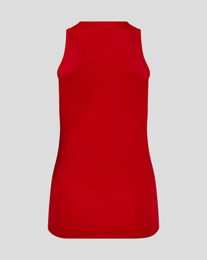 Back view of red womens training vest with racer back design