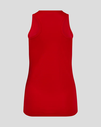 Back view of red womens training vest with racer back design