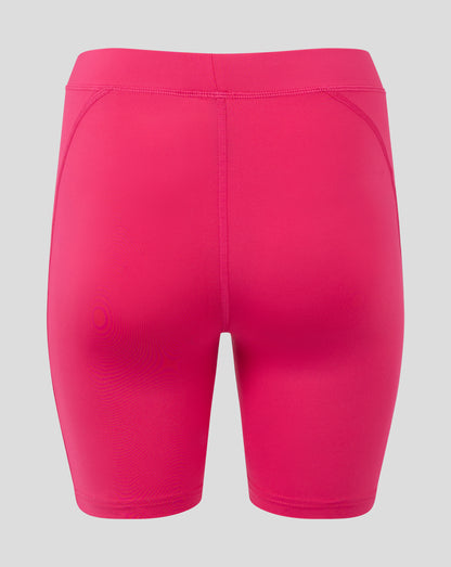 Rear view of Beetroot Purple women's baselayer shorts showing folded waistband and flatlock seams.