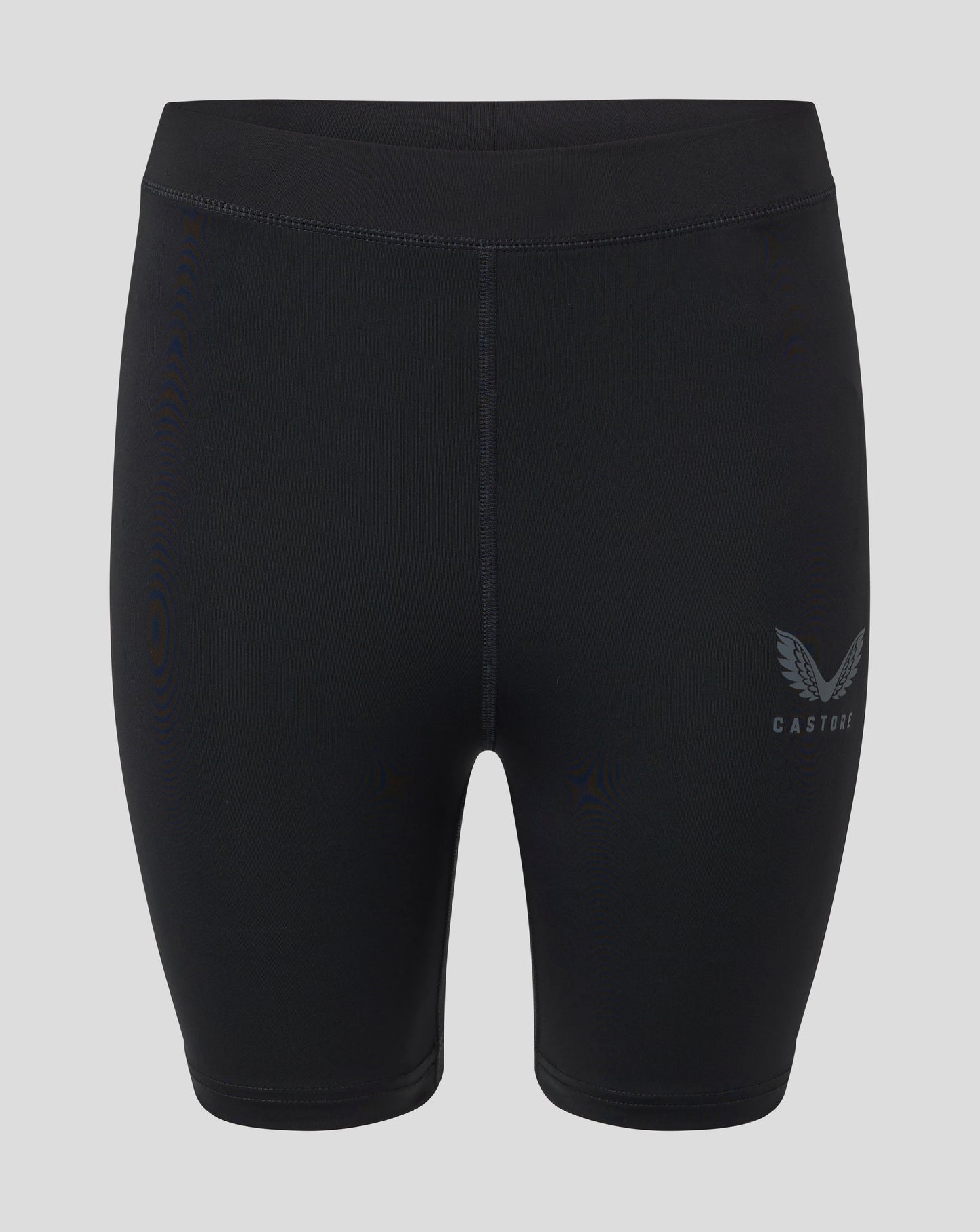 Back view of black womens baselayer shorts with folded waistband central seam and CASTORE logo on the lower right leg