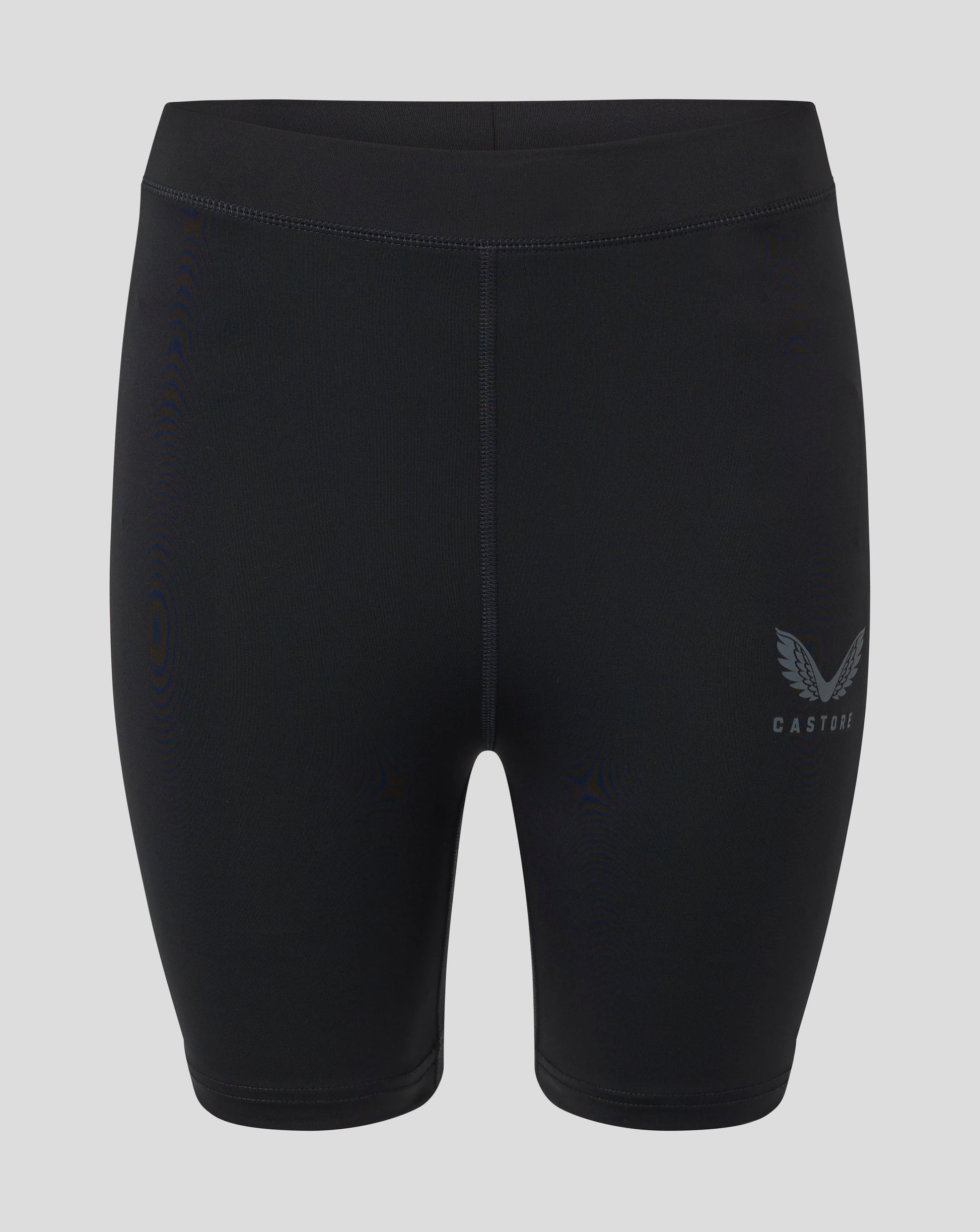 Back view of black womens baselayer shorts with folded waistband central seam and CASTORE logo on the lower right leg