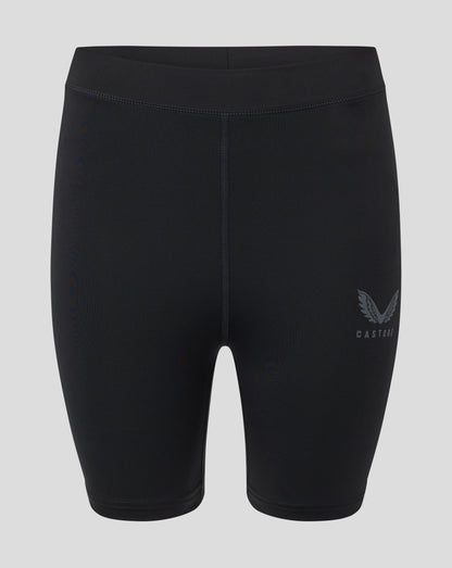 Back view of black womens baselayer shorts with folded waistband central seam and CASTORE logo on the lower right leg