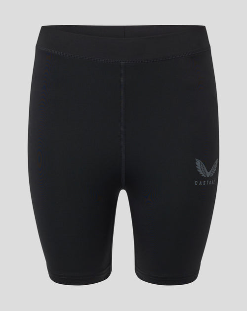 Back view of black womens baselayer shorts with folded waistband central seam and CASTORE logo on the lower right leg